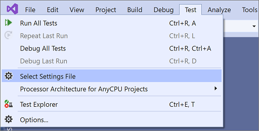 Selección del menú del archivo de configuración de pruebas en Visual Studio 2019