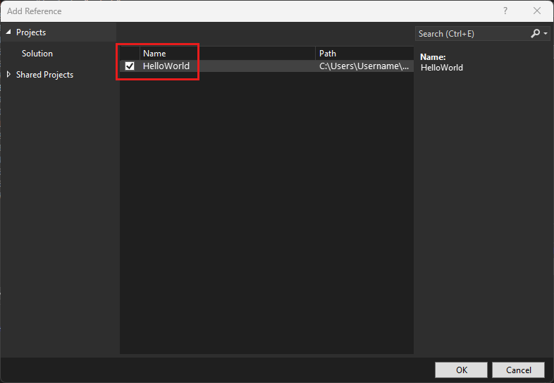 Captura de pantalla que muestra el cuadro de diálogo Agregar referencia en Visual Studio 2022.