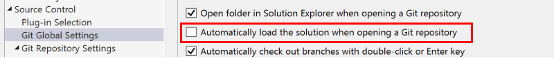 Captura de pantalla en la que se muestra la casilla para cargar automáticamente la solución al abrir un repositorio de Git en el cuadro de diálogo Opciones.