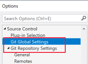 Panel de navegación del cuadro de diálogo Opciones con la configuración de Git resaltada.