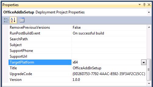 Captura de pantalla de la ventana Propiedades que muestra la plataforma de destino para registrar complementos con Office de 64 bits