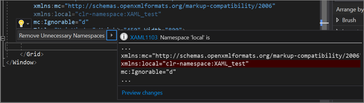 La opción Quitar espacios de nombres innecesarios del editor de código XAML en la bombilla Acciones rápidas