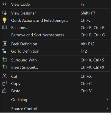 Captura de pantalla del menú contextual del editor de código XAML en Visual Studio 2019.