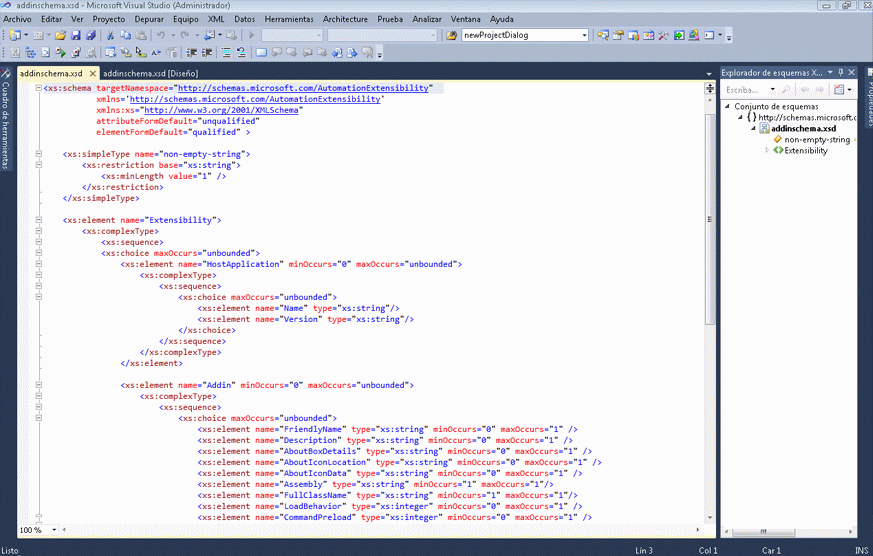 Screenshot of a Visual Studio project showing an XML node in the XML Editor pane and a tree view of the schema set in the XML Schema Explorer pane.