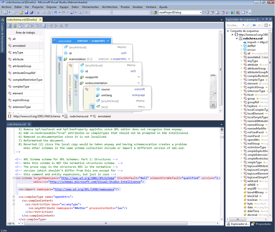 Screenshot of a Visual Studio project showing the View Designer pane, the XML Editor pane, and the XML Schema Explorer pane.