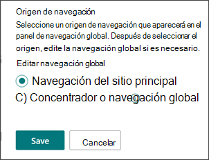 Recorte de pantalla de dónde seleccionar el origen de navegación global.