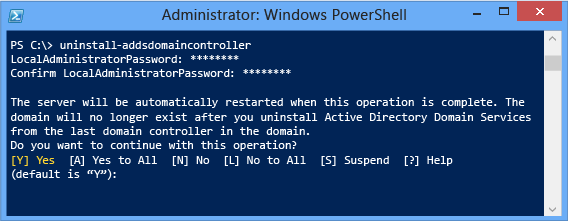 Ejemplo de Uninstall-ADDSDomainController de PowerShell