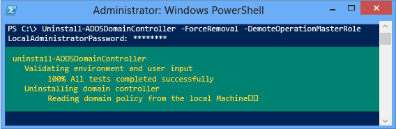 Captura de pantalla de una ventana de terminal que muestra un ejemplo de degradación forzosa con sus argumentos mínimos requeridos de -forceremoval y -demoteoperationmasterrole.