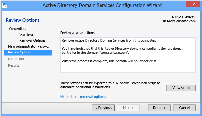 Asistente de configuración de servicios de dominio de Active Directory > Revisar opciones