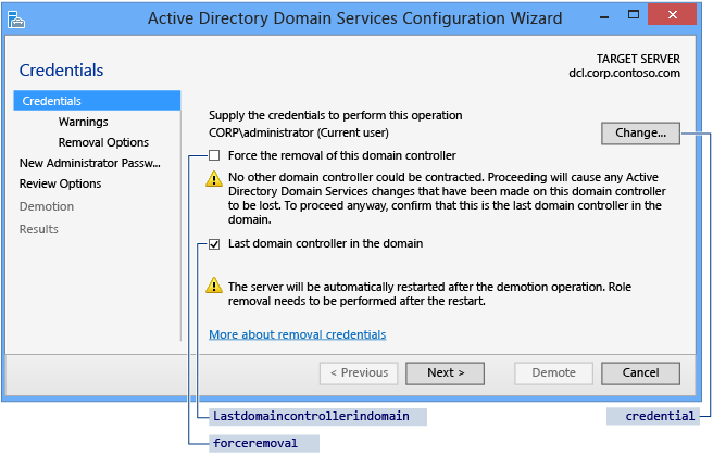 Asistente de configuración de servicios de dominio de Active Directory > Selección de credenciales