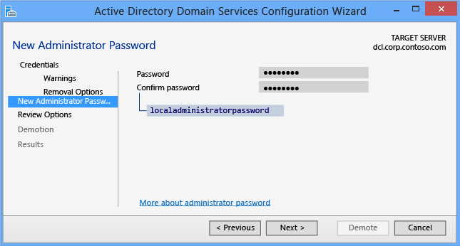 Asistente de configuración de servicios de dominio de Active Directory > Credenciales Nueva contraseña de administrador