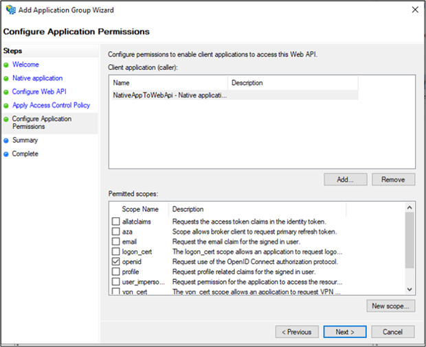 Captura de pantalla de la página Configurar los permisos de la aplicación del Asistente para agregar grupos de aplicaciones que muestra el elemento open I D seleccionado.