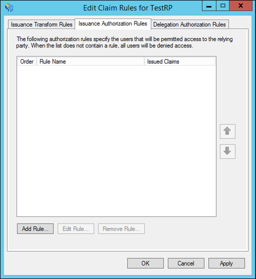 Screenshot that shows where to select Add Rule create a rule to send LDAP attributes as claims for Windows Server 2012 R2.