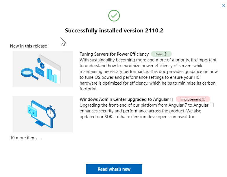 Captura de pantalla del mensaje que muestra que Windows Admin Center se ha instalado correctamente.