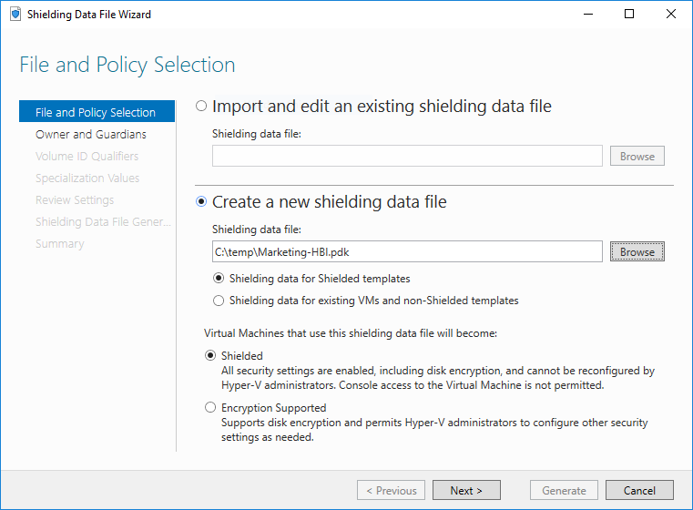 Asistente para archivos de datos de blindaje, selección de archivos