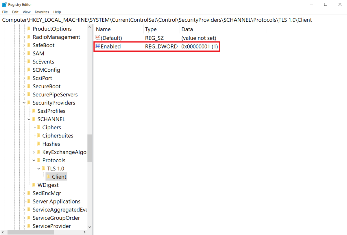 Captura de pantalla de Establecer el lado del cliente de TLS 1.0 en habilitado en la configuración del Registro de Windows Server.