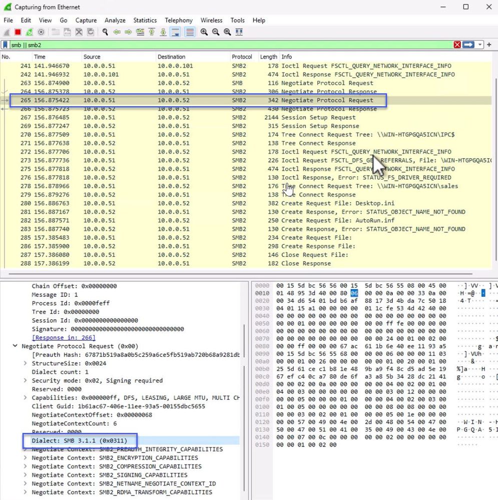 Captura de pantalla de la detección de ethernet en la creación de sesión de SMB.