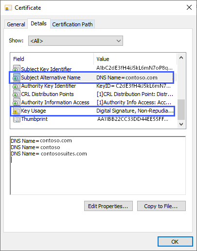 Captura de pantalla de detalles del certificado que muestra el valor del nombre alternativo del asunto como Nombre DNS igual a contoso.com, y el valor de Uso de Clave como Firma Digital, No Repudiada.