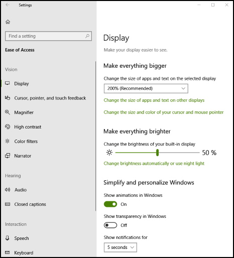 Página Facilidad de acceso en la aplicación de configuración de Windows