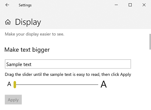 Captura de pantalla de la página De configuración de La visión de acceso/Visualización en la que se muestra el control deslizante Hacer que el texto sea más grande.