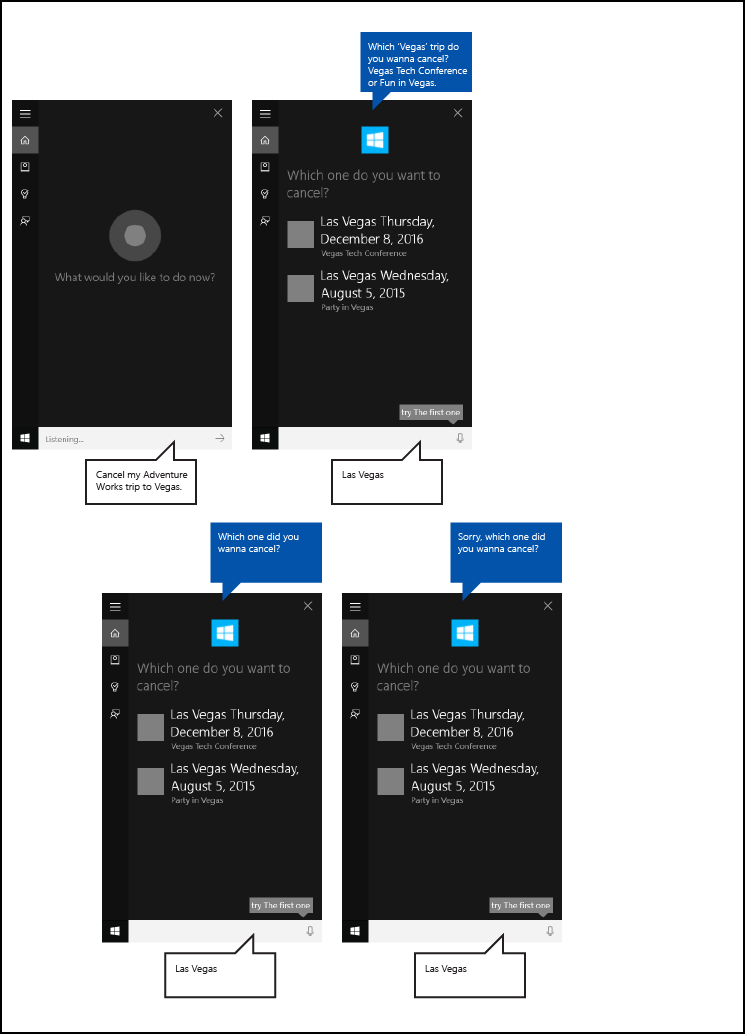 Captura de pantalla del lienzo de Cortana para finalizar el flujo de la aplicación en segundo plano de Cortana mediante la cancelación de la desambiguación de viajes de AdventureWorks