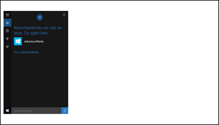 Captura de pantalla del lienzo de Cortana para el flujo de la aplicación en segundo plano de Cortana de un extremo a otro mediante el error de cancelación del viaje de AdventureWorks