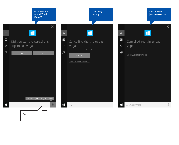 Captura de pantalla del lienzo de Cortana para el flujo de la aplicación en segundo plano de Cortana de un extremo a otro mediante el progreso del viaje de cancelación de AdventureWorks