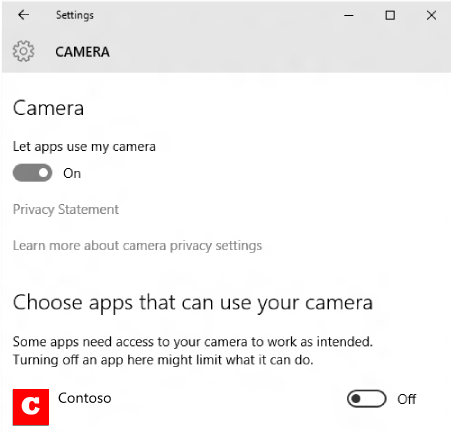 A screenshot of the Windows camera privacy settings.