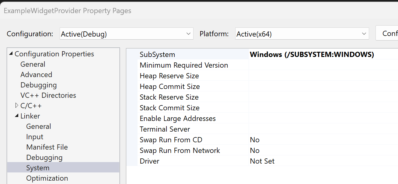 Captura de pantalla que muestra las propiedades del proyecto del proveedor de widgets de C++ con el tipo de salida establecido en Aplicación de Windows