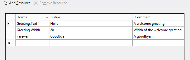 Captura de pantalla de la tabla Agregar recurso del archivo Strings > E N U Resources.resw > .