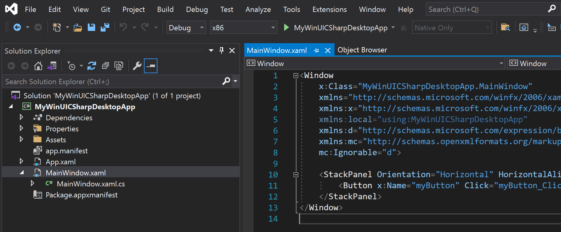 Captura de pantalla de Visual Studio en la que se muestra el panel Explorador de soluciones y el contenido del archivo X A M L punto C S de las ventanas principales para un solo proyecto M S I X.