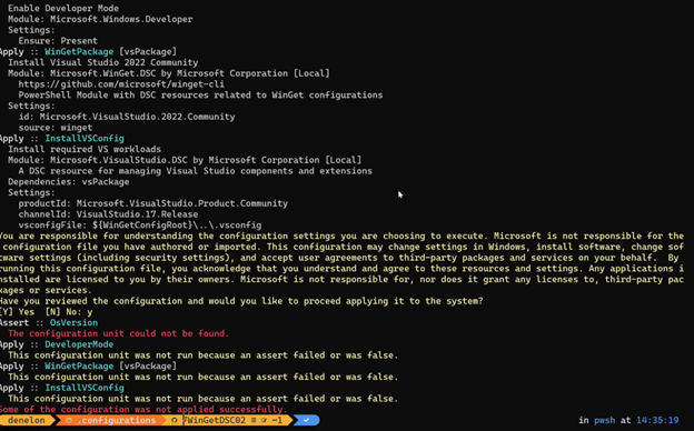 Captura de pantalla de un terminal de PowerShell en el que se ejecuta un archivo de configuración de WinGet con errores en los recursos dependientes y de aserción de OSVersion.