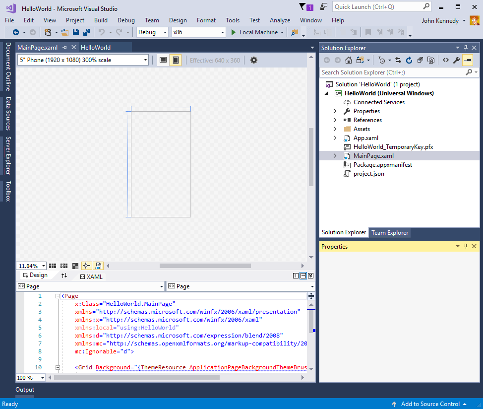 Captura de pantalla de Visual Studio en la que se muestra la vista Diseño X A M L de la página principal.