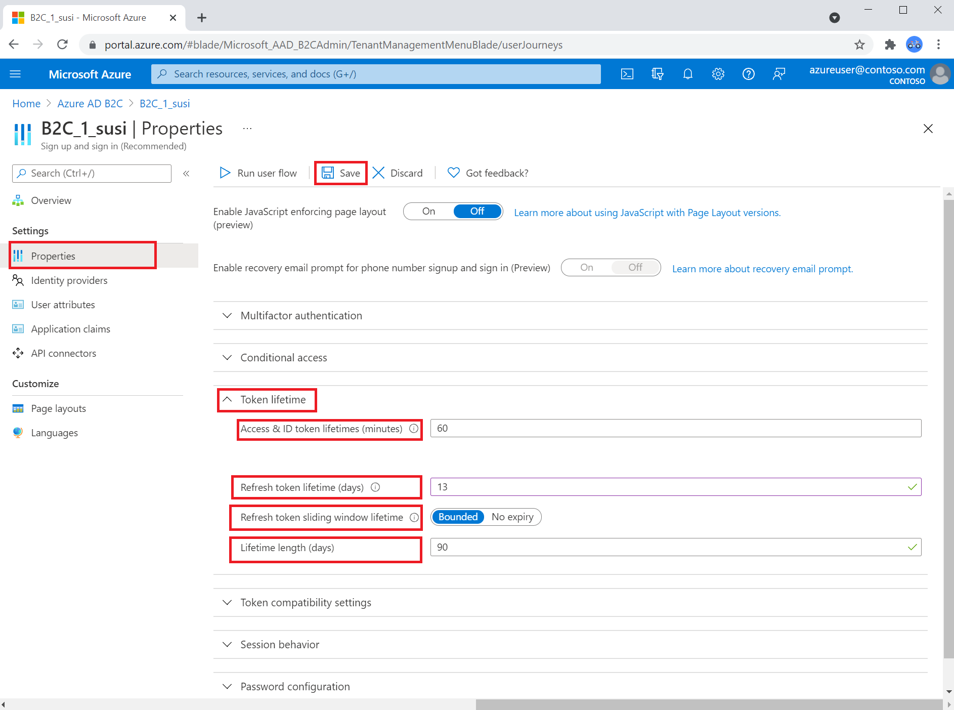 configure user flows tokens in Azure portal.