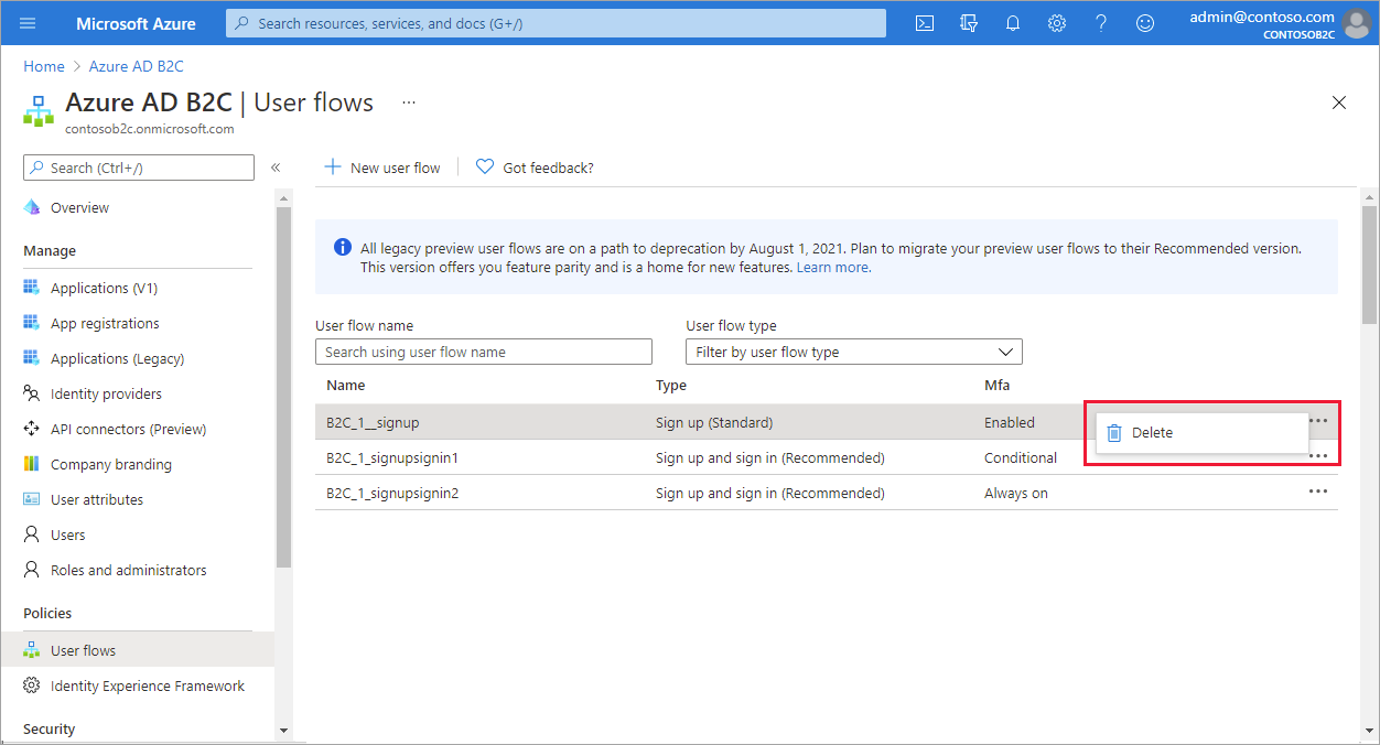 Delete user flows