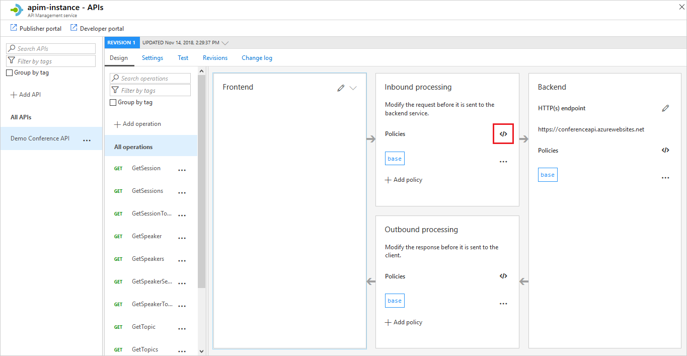 Screenshot of the API Management policy editor in the portal.