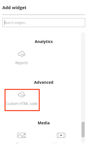 Screenshot that shows how to add a widget for custom HTML code in the developer portal.