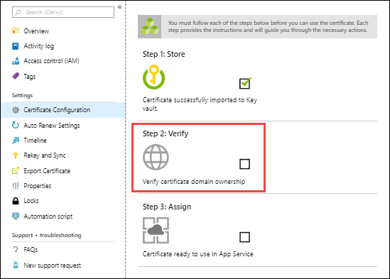 Screenshot of the Certificate Configuration pane with 'Step 2: Verify' selected.