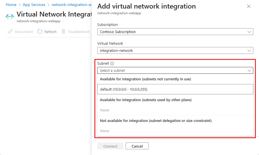 Screenshot that shows selecting the virtual network.