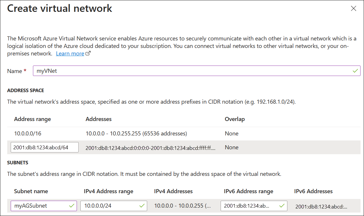 A screenshot of create new application gateway: virtual network.