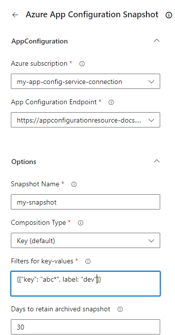 Screenshot shows the app configuration snapshot task parameters.