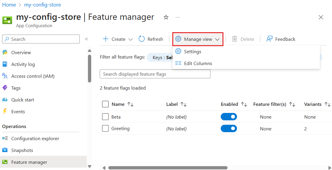 Screenshot of the Azure platform. Edit feature flag columns.