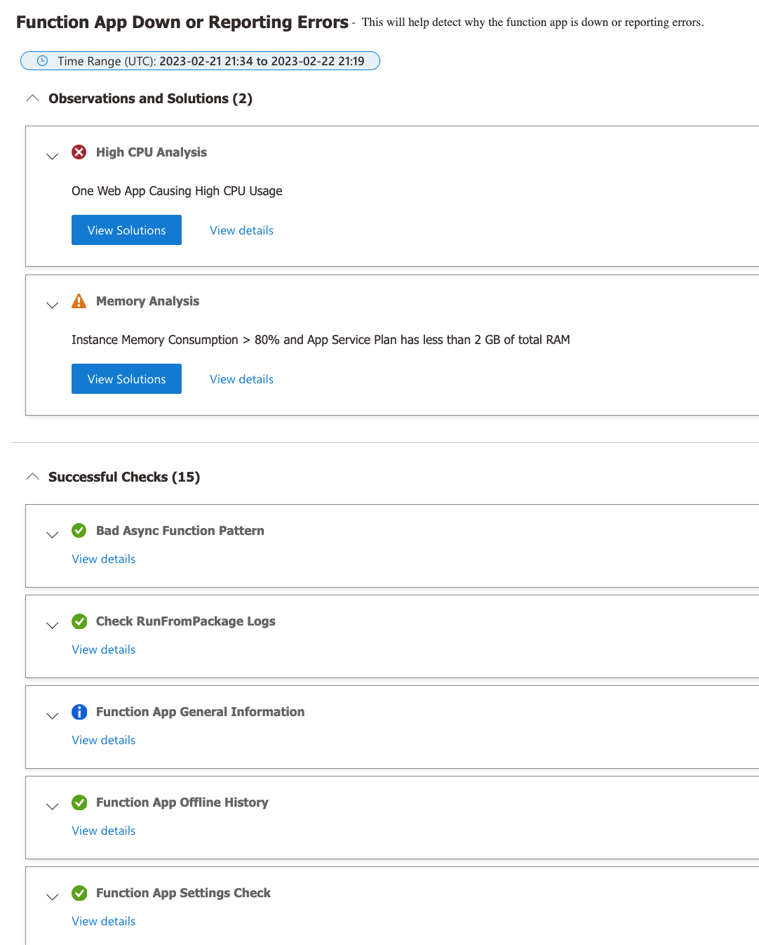 Screenshot of Durable Functions App Down or Report Errors detector.