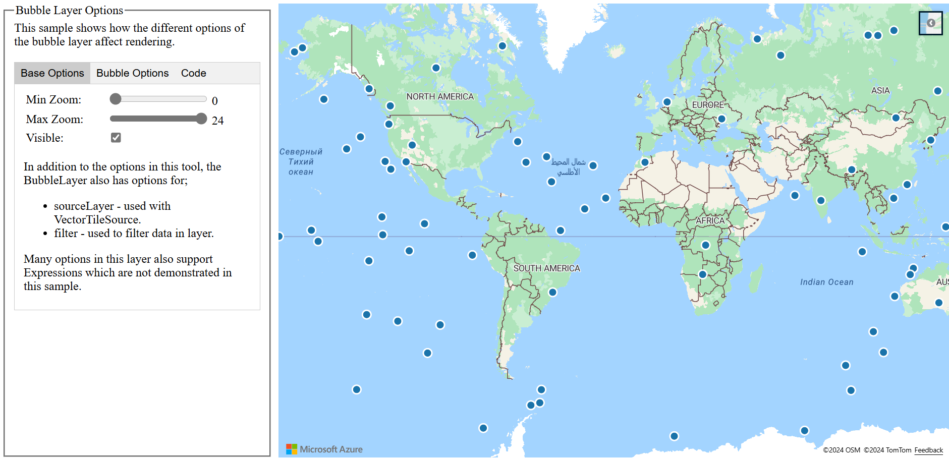 Screenshot showing the Bubble Layer Options sample that shows a map with bubbles and selectable bubble layer options to the left of the map.