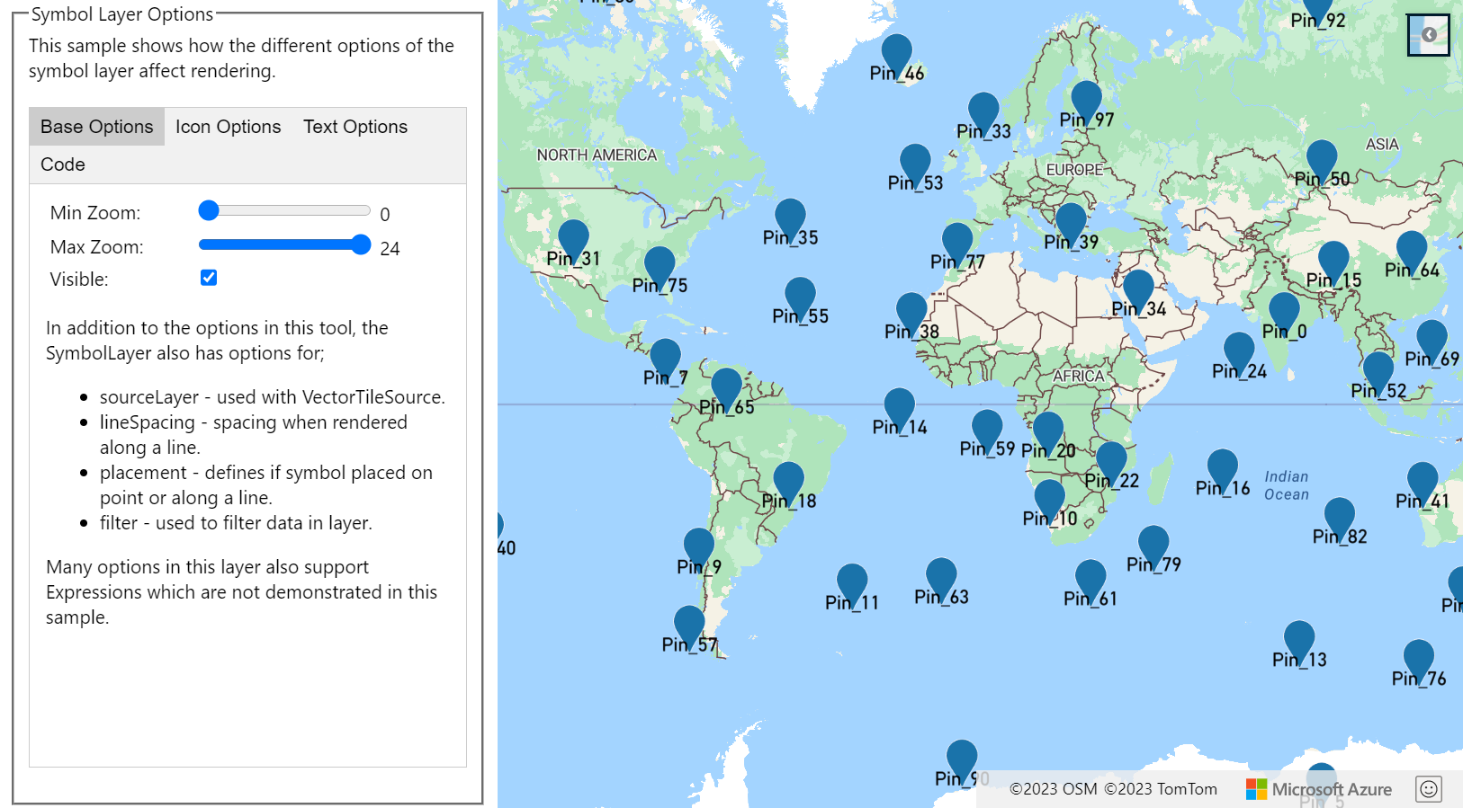 A screenshot of map with a panel on the left side of the map with the various symbol options that can be interactively set.