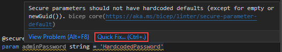 The screenshot of Secured default value linter rule quick fix.
