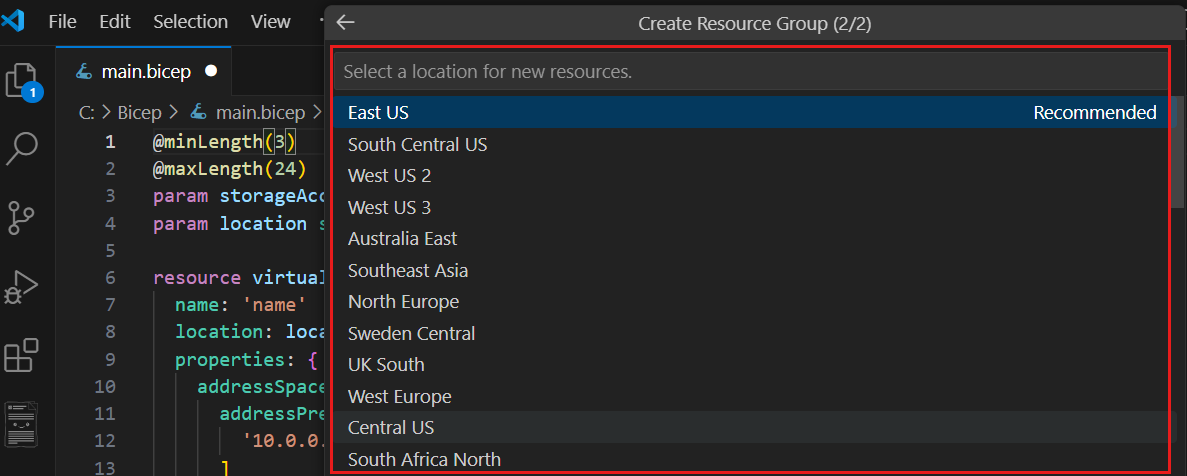 Screenshot of resource group location options.