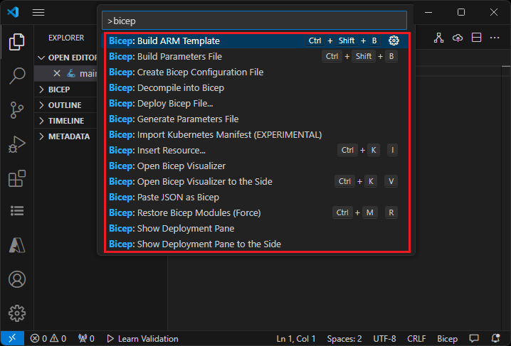 Screenshot of Visual Studio Code Bicep commands in the command palette.