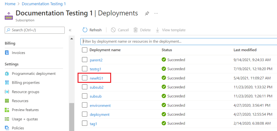 Screenshot of deployment history for a subscription.