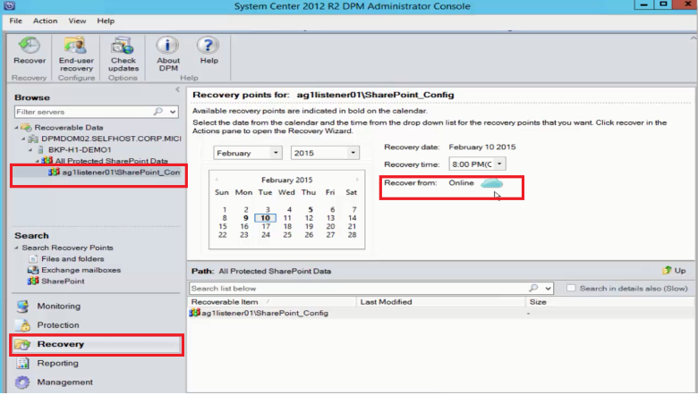 Screenshot showing how to browse through various recovery points.